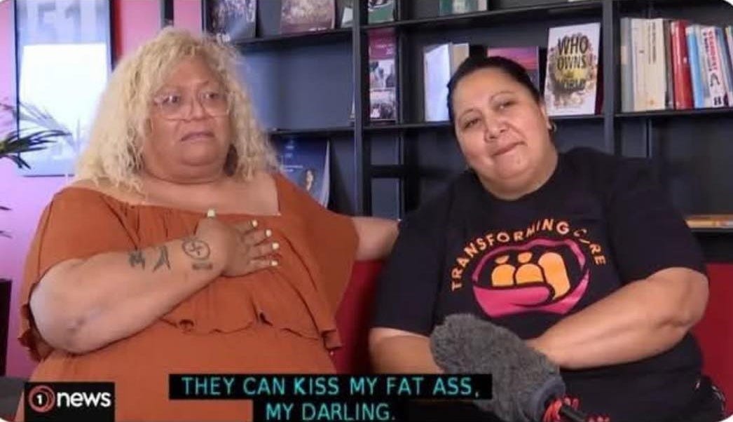 Image from 1 News of care representative saying that the government could kiss her ass.