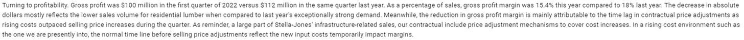 Machine generated alternative text:
Turning to profitability. Gross profit was Sl 00 million in the first quarter of 2022 versus Sl 12 million in the same quarter last year. As a percentage of sales, gross profit margin was 15.4% this year compared to 18% last year. The decrease in absolute 
dollars mostly reflects the lower sales volume for residential lumber when compared to last years exceptionally strong demand. Meanwhile, the reduction in gross profit margin is mainly attributable to the time lag in contractual price adjustments as 
rising costs outpaced selling price increases during the quarter. As reminder, a large part of Stella-Jones' infrastructure-related sales, our contractual include price adjustment mechanisms to cover cost increases. In a rising cost environment such as 
the one we are presently into, the normal time line before selling price adjustments reflect the new input costs temporarily impact margins.