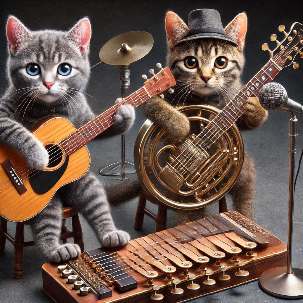 two cats playing a pedal steel guitar and a vibraphone photorealistic