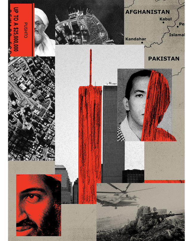 Illustration with collage of black-and-white image details of bin Laden, al-Zawahiri, al-Adel, and World Trade Center towers, with map of Pakistan, aerial view of city, and red scribbled details.
