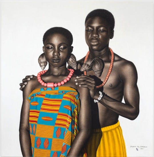 A hyperrealistic painting of a Black man and woman with closed eyes, their foreheads nearly touching. Their expressions are serene, suggesting trust, memory, and emotional intimacy. A hyperrealistic painting of a Black man and woman with closed eyes, their foreheads nearly touching. Their expressions are serene, suggesting trust, memory, and emotional intimacy.
