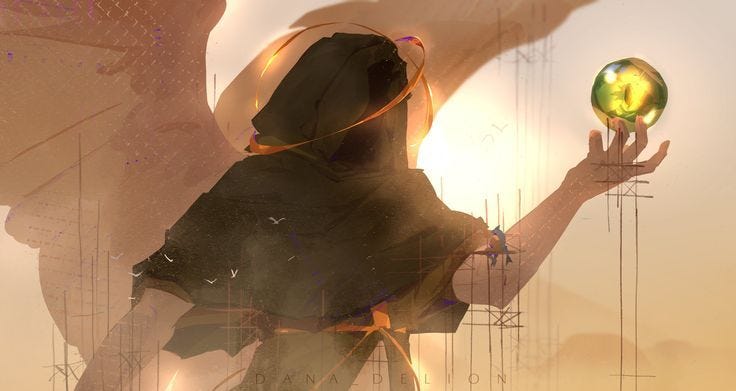 This may contain: a digital painting of a person holding a ball in their hand with an angel behind them This may contain: a digital painting of a person holding a ball in their hand with an angel behind them