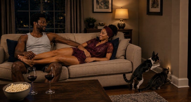Couple snuggles on the couch with popcorn and wine while their dog and cat lurk near a mouse hole