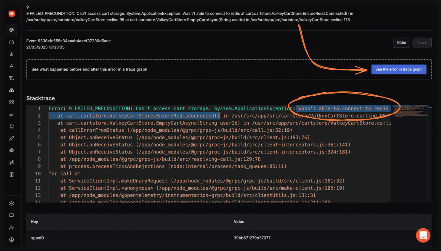 Exception details showing cart service cannot connect to Redis