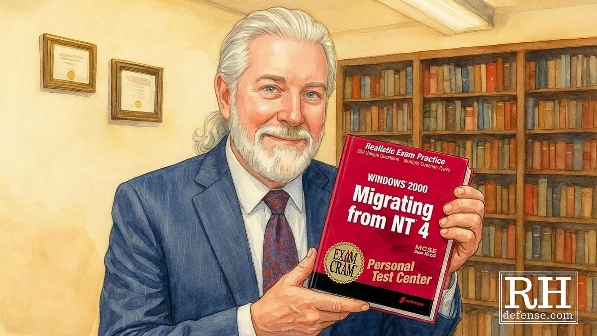 Illustrated portrait of Rick Horowitz in a law office library, wearing a blue suit and tie, holding a red exam-prep book titled “Windows 2000: Migrating from NT 4,” a nod to his earlier career in information systems.
