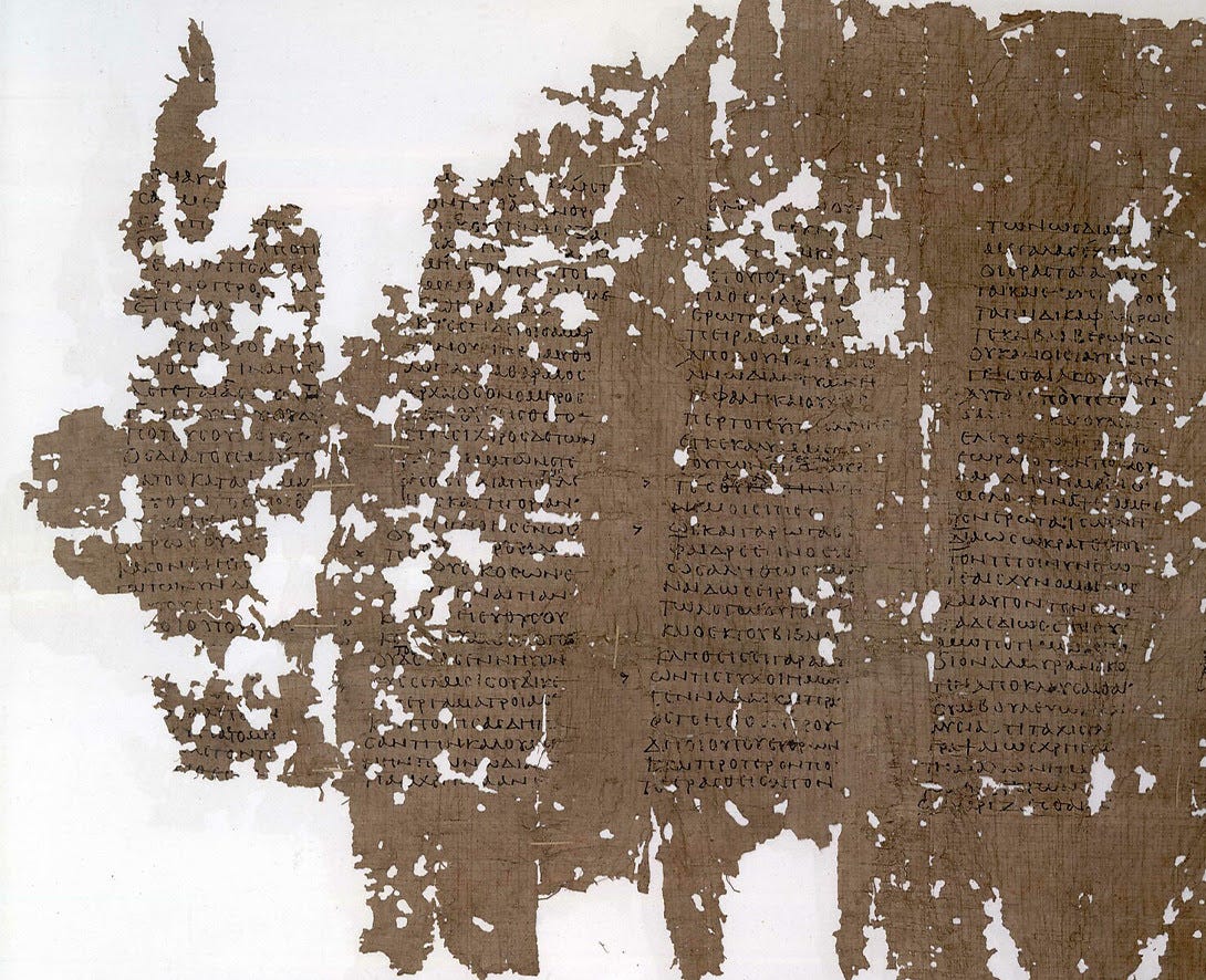 Detail from P. Oxy. 17 2102, a Second-Century Papyrus of Plato’s Phaedrus Reconstructed from Fragments. The University of Oxford’s Online Exhibit of the Oxyrhynchus Papyri. Detail from P. Oxy. 17 2102, a Second-Century Papyrus of Plato’s Phaedrus Reconstructed from Fragments. The University of Oxford’s Online Exhibit of the Oxyrhynchus Papyri.