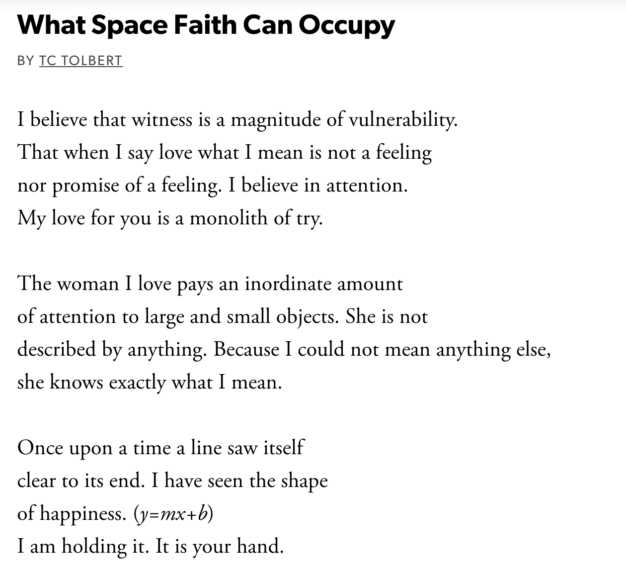 a screenshot of the poem What Space Faith Can Occupy by TC Tolbert