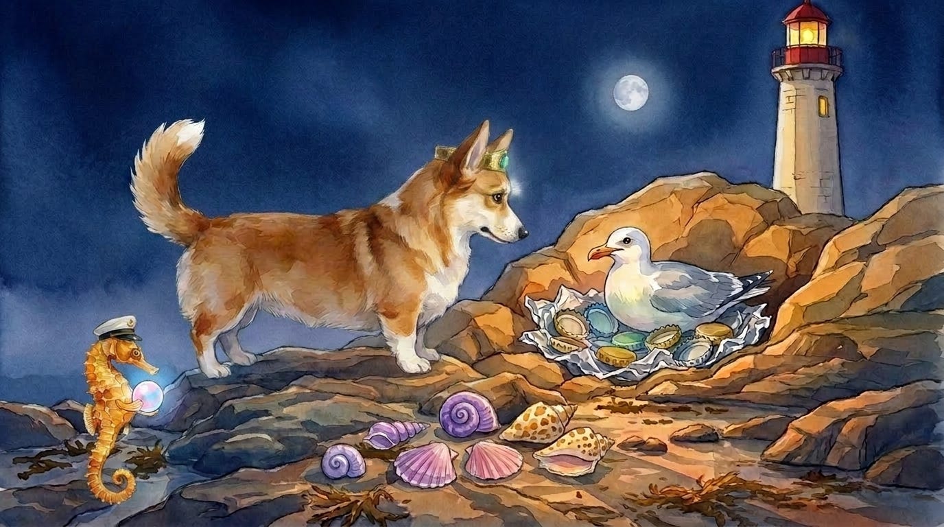 Small shells laid out as a thank-you gift on a moonlit Spanish beach in a Prince Freddie cozy bedtime story.
