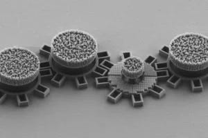 The third gear from the right has an optical metamaterial that react to laserlight and makes the gear move. All gears are made in silica directly on a chip. Each gear is about 0.016 mm in diameter.