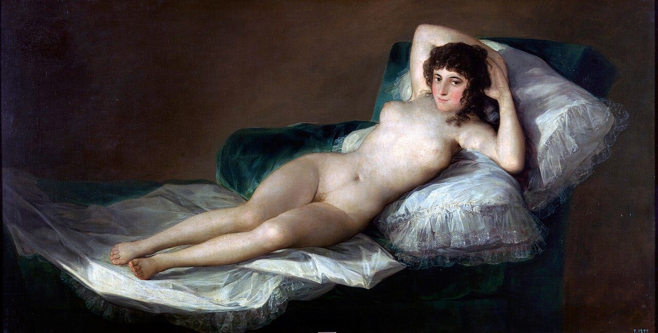 Goya's Nude Maja, a reclining nude with a direct, unembarrassed stare Goya's Nude Maja, a reclining nude with a direct, unembarrassed stare