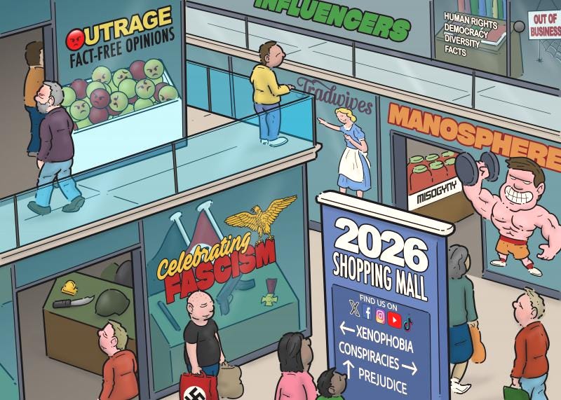 Cartoon showing the inside of a shopping mall with different stores and people walking around with shopping bags. One store sells fascist paraphernalia and has the text 'Celebrating Fascism' on its window. Another store is called 'Outrage: Fact-Free Opinions'. Two other stores are titled 'Manosphere' and 'Tradwives' and feature pictures of a muscular man and a smiling woman in a housewife's dress respectively. In the corner of the mall is a closed bookshop with the text 'Human rights, democracy, diversity.