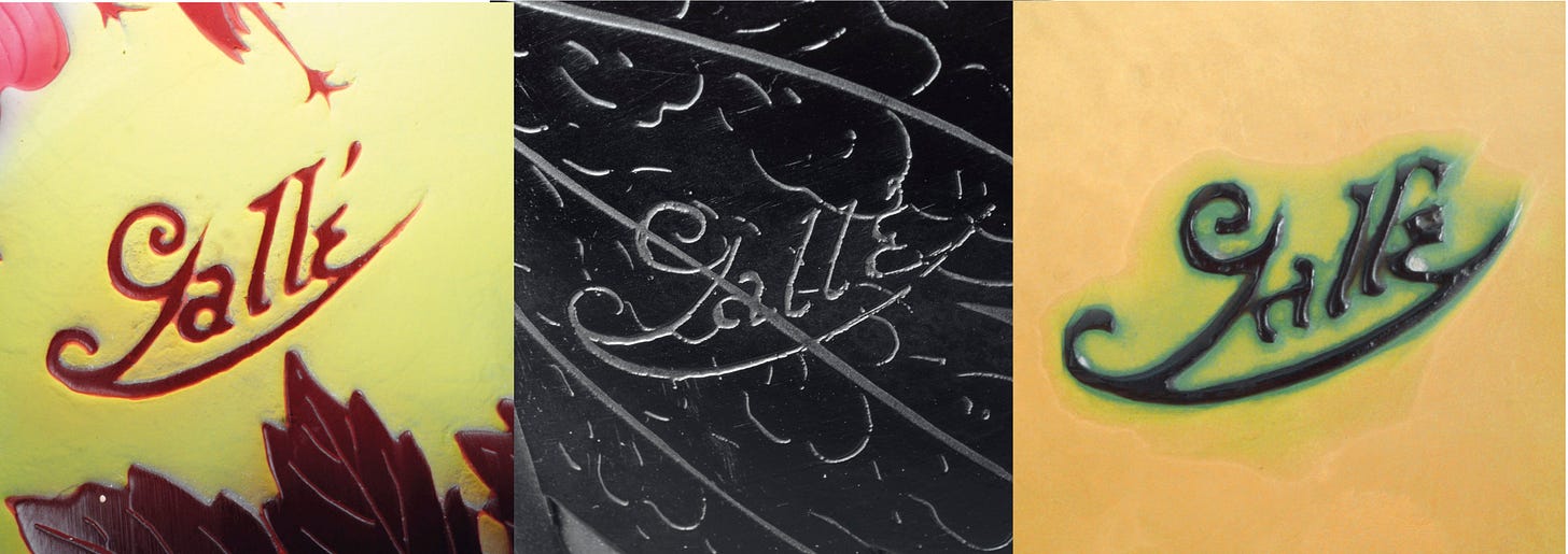 Three Mk VI Gallé signatures from the Joel Schurr collection, © Christie's 2017.