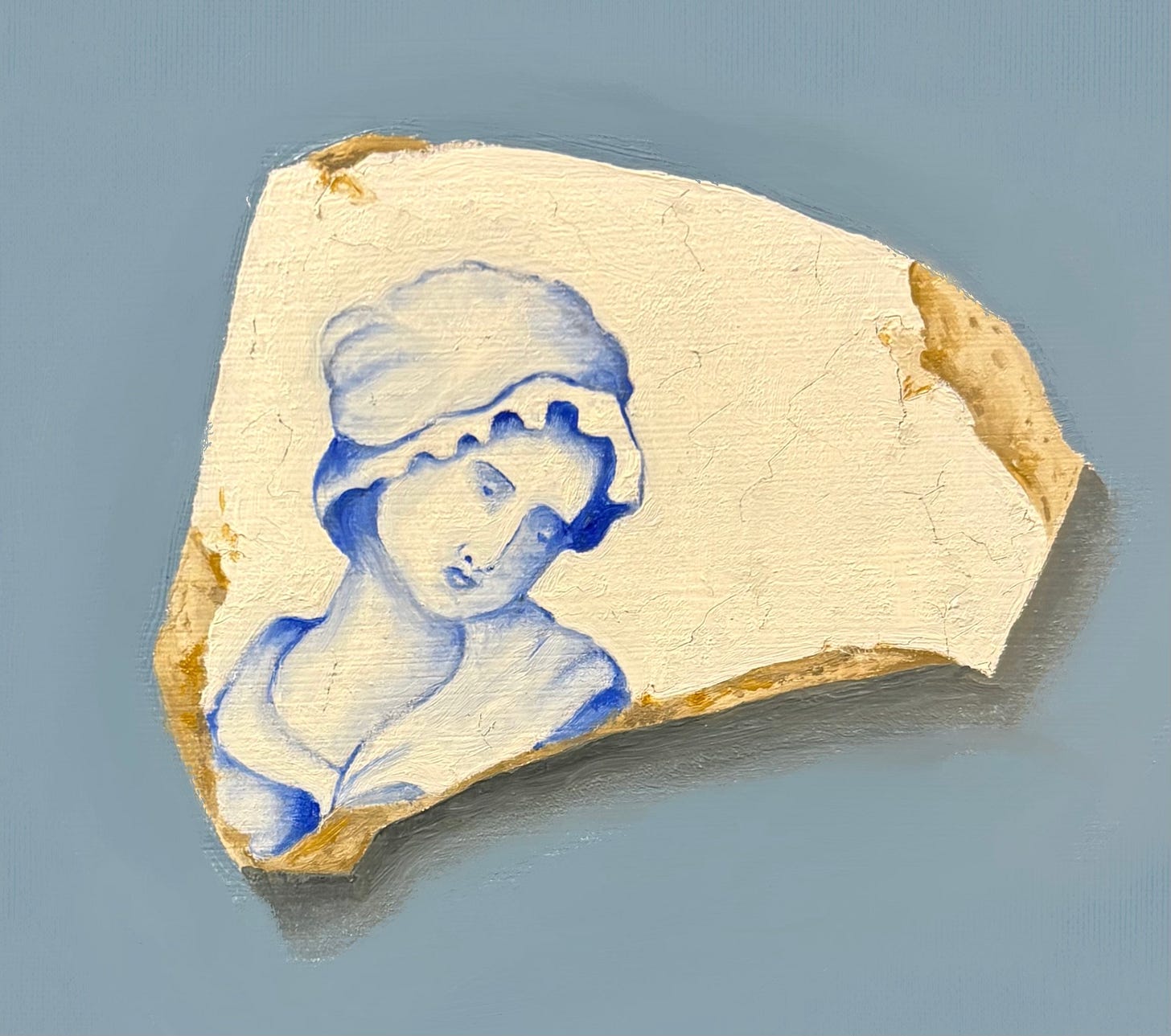 Oil painting of a sea pottery shard with blue and white glaze and teh image of a woman in a mop cap looking thoughtful. Oil painting of a sea pottery shard with blue and white glaze and teh image of a woman in a mop cap looking thoughtful.
