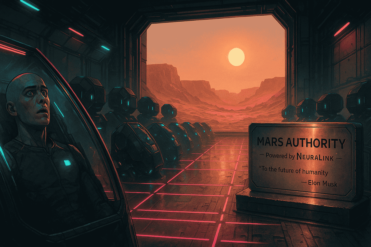 Inside a hangar lined with rows of glass stasis pods, a restrained man stares wide-eyed as a massive door frames a red desert under a butterscotch sun. A metal plaque in the foreground reads “MARS AUTHORITY — Powered by NeuraLink — ‘To the future of humanity’ — Elon Musk.”