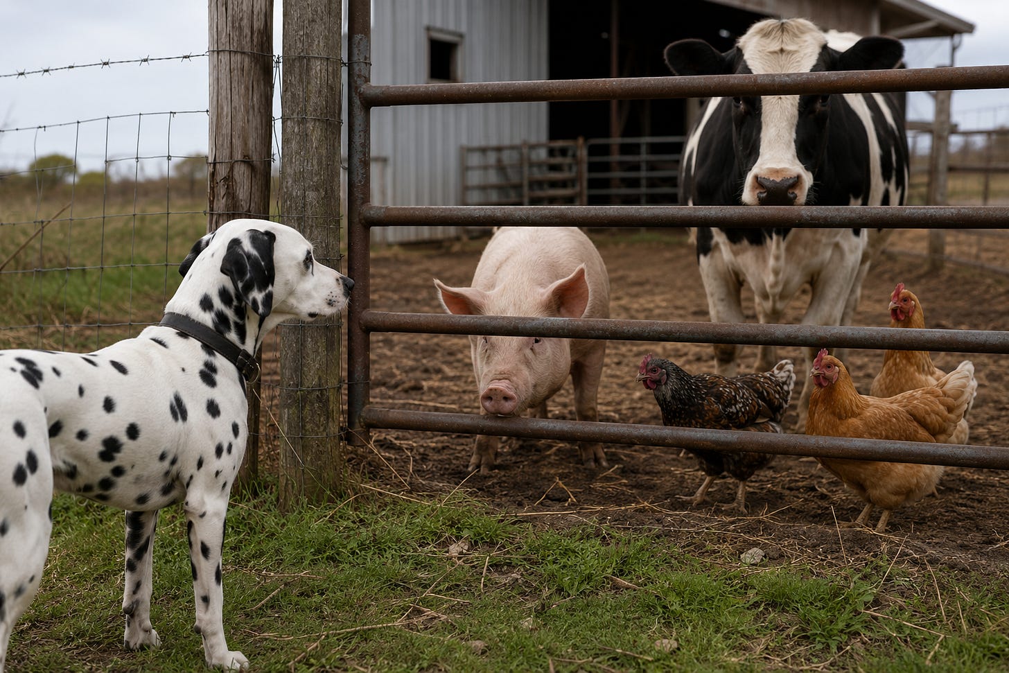 A Dalmatian stands outside a farm gate facing a pig, cow, and chickens behind the fence, symbolizing how U.S. animal welfare laws protect some animals while excluding many farmed animals.