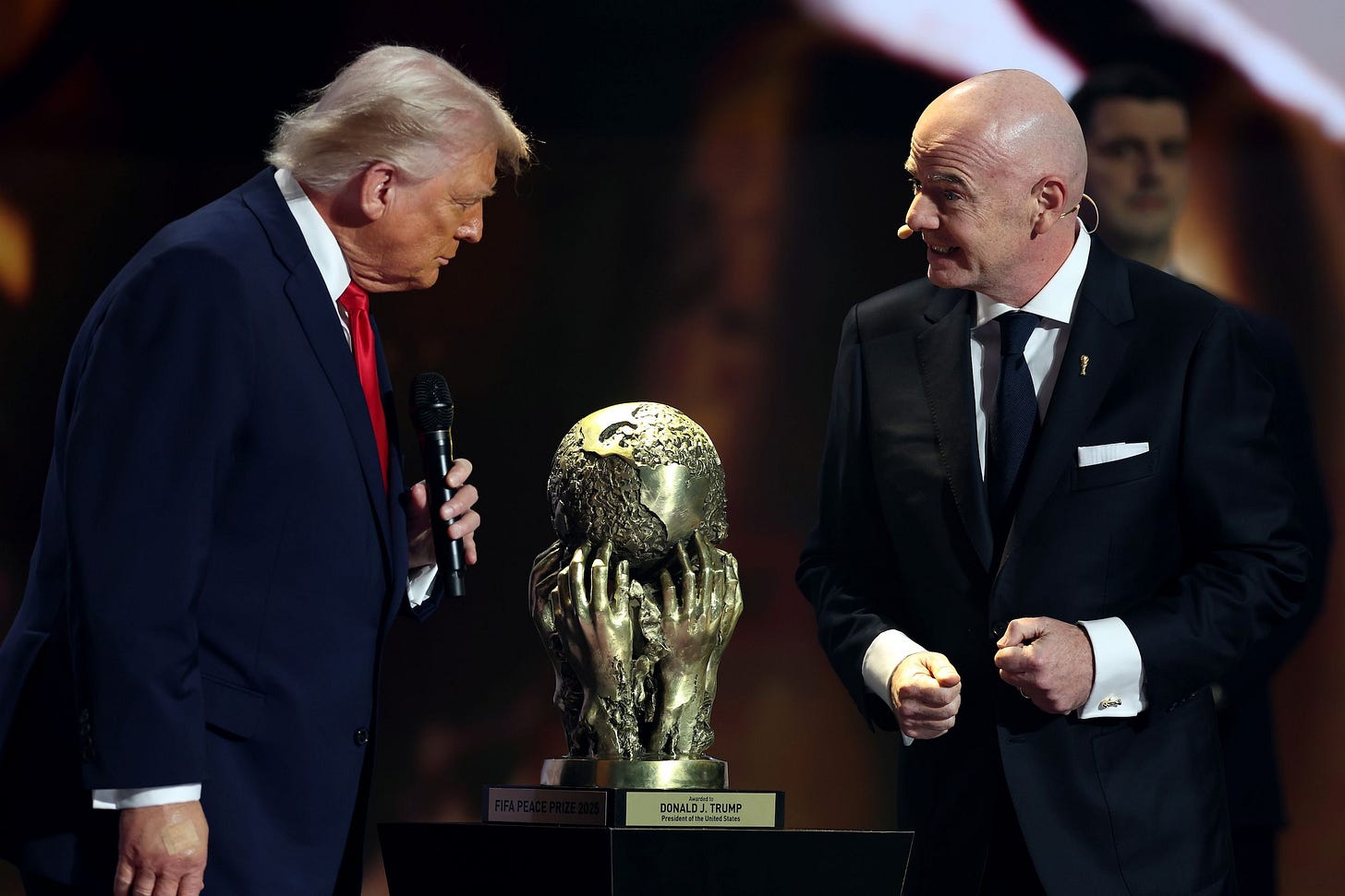President Donald Trump receiving the FIFA Peace Prize presented by Gianni Infantino the president of FIFA in December 2025.