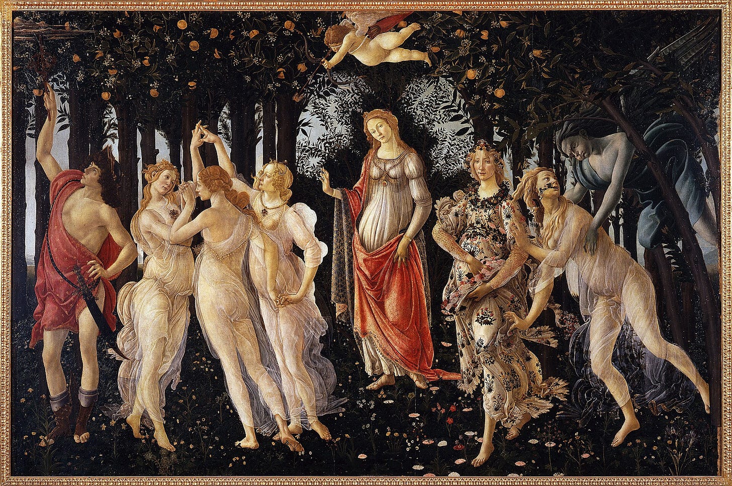 Nine mythological figures in an orange grove: three dancing Graces on the left, Venus in the center under a blindfolded Cupid, a woman in a flowered dress scattering flowers, a blue wind god seizing a nymph on the right. Nine mythological figures in an orange grove: three dancing Graces on the left, Venus in the center under a blindfolded Cupid, a woman in a flowered dress scattering flowers, a blue wind god seizing a nymph on the right.