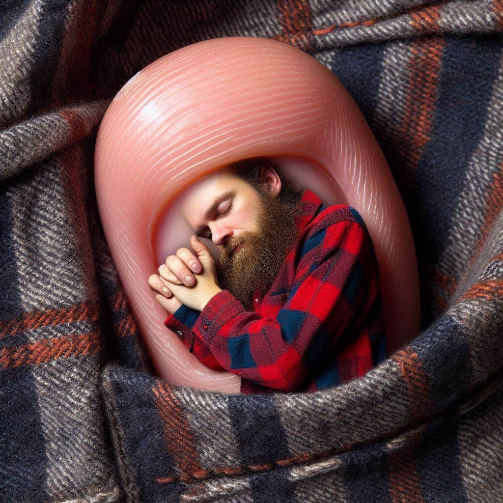 a finger-nail sized sleazy-looking 25-year-old white man curled up asleep inside a flannel shirt pocket