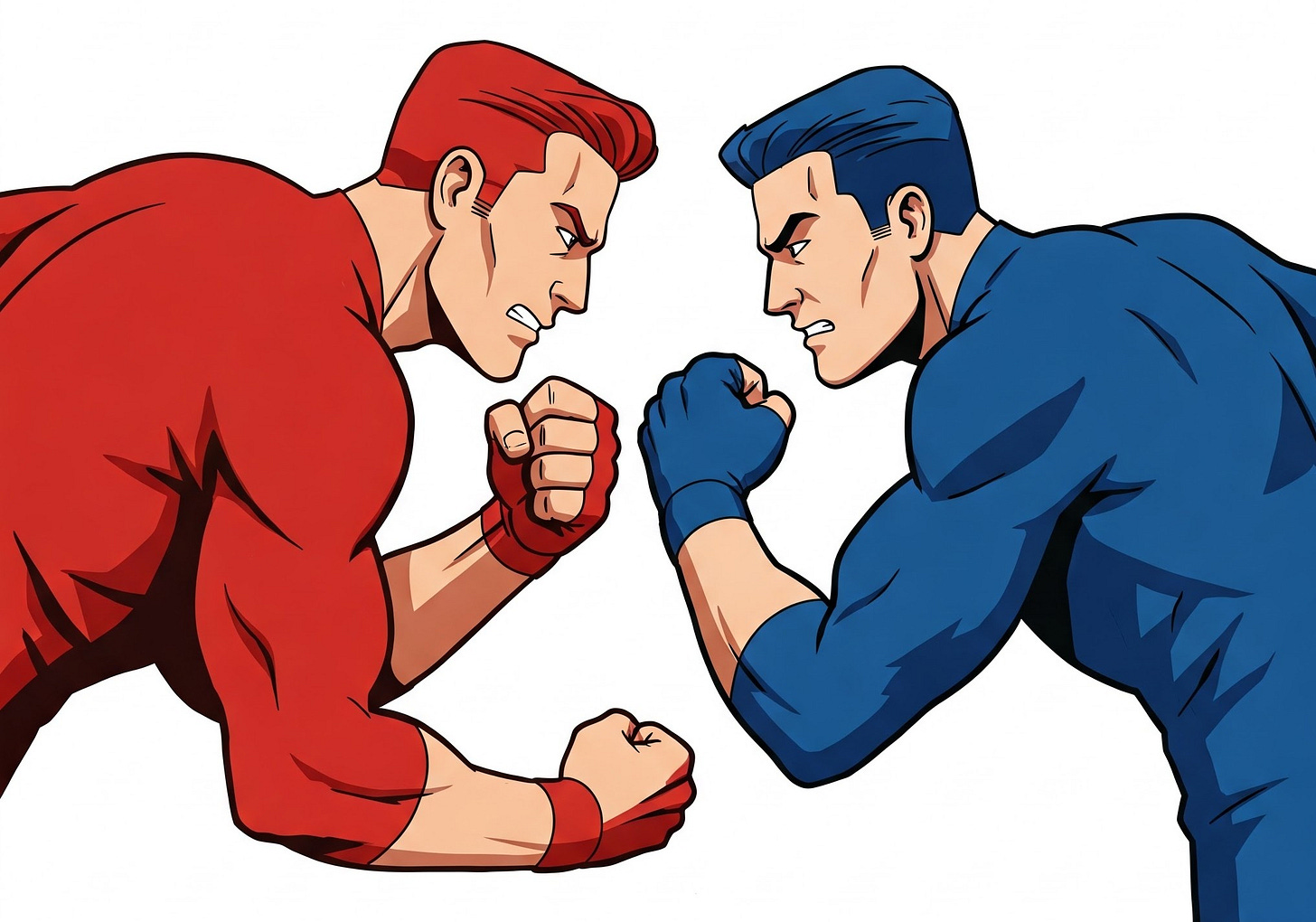 Two men, one in red clotheing, one in blue clothisng raising their fists at each other.