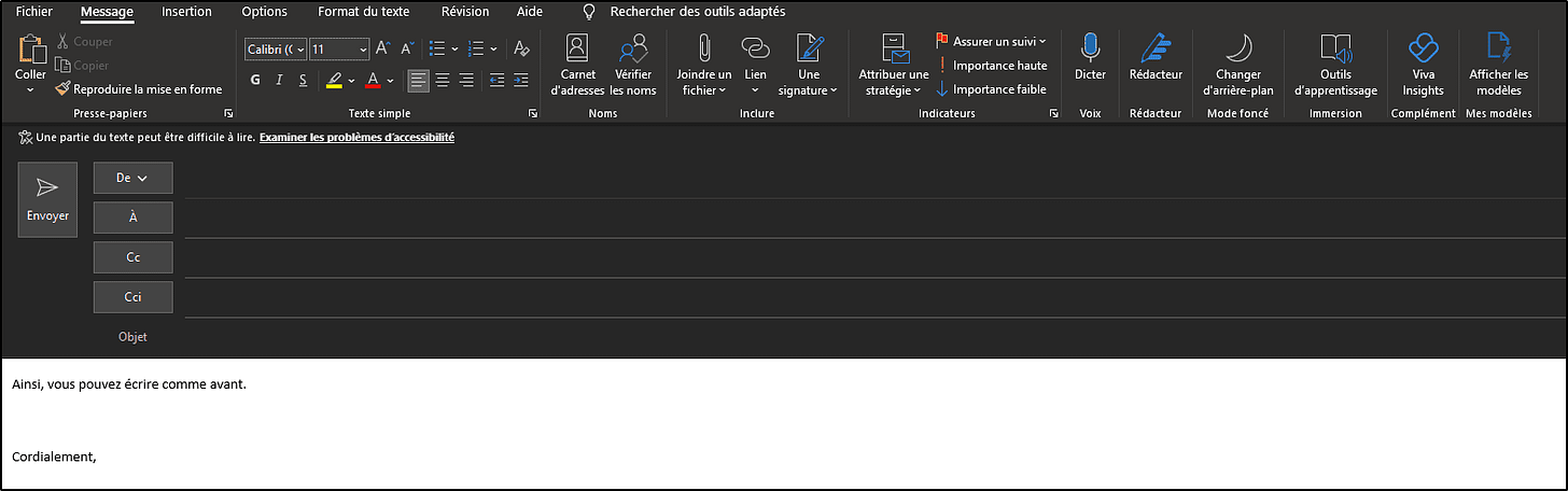 dark mode outlook option résultat