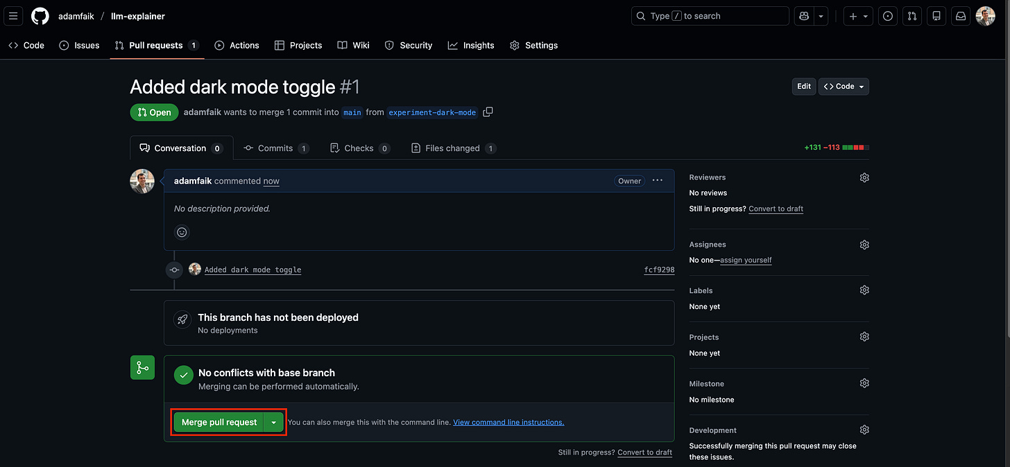 GitHub.com Pull Request page showing the "Merge pull request" button highlighted in green.