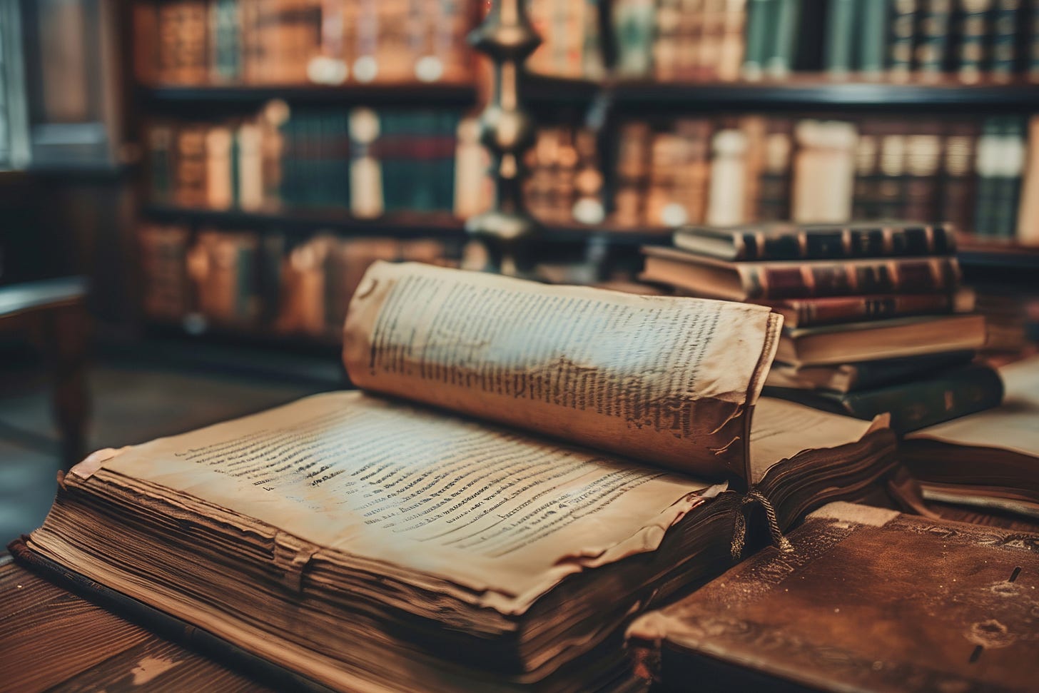 open antique book in a library reading room