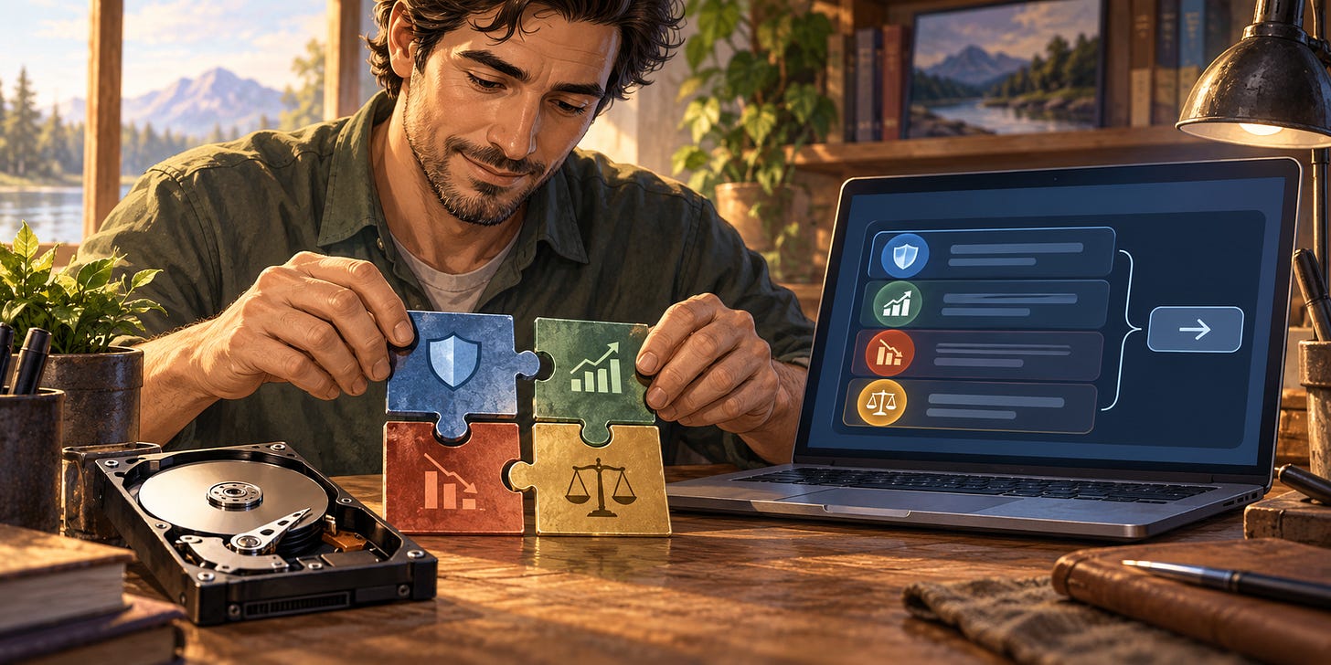 An investor assembles four interlocking components into one grouped options order.