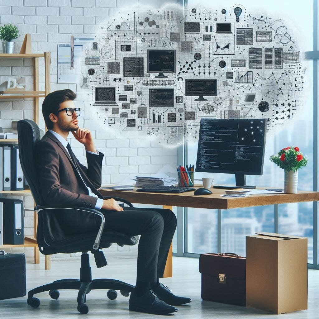 A computer programmer with glasses dreams of being an executive in a big office.