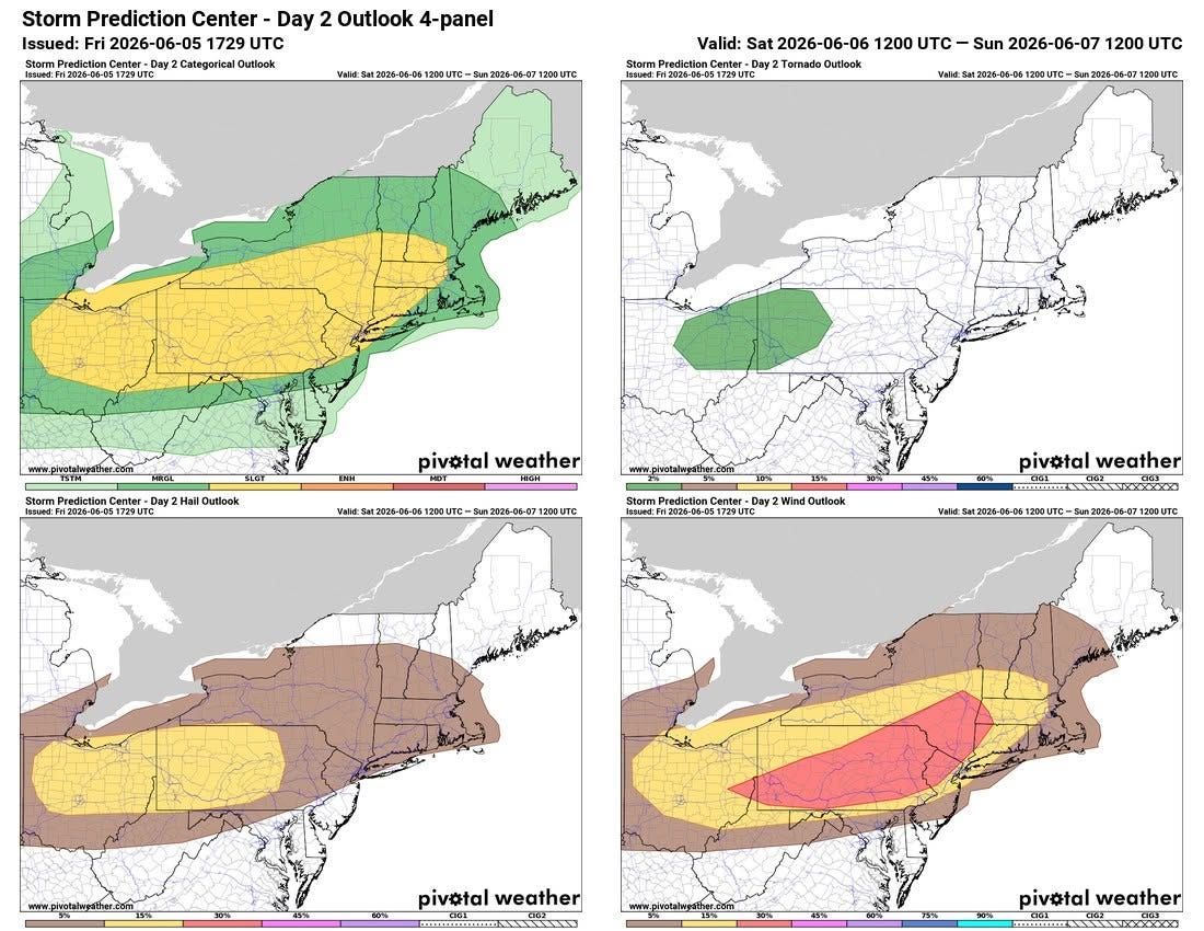 May be a graphic of map and text that says 'Storm Prediction Center Day 2 Outlook 4-panel Issued: 2026-06-05 1729 c Day2 Categorical Pr2006-06-05 1729UTC M2026-06-B 1260UTC-5 2026-06-07120 Valid: Sat 2026-06-06 1200 Storm Prediction -Dan ay Tormado Outlook lnsued 1202 051729UTC Vane Sun 2026-06-07 1200 UTC 2026-06-0 00U 2026-05-00 26-05-07120 200UTC PRIEL PredictionC Center Day2 2H SLGY Outlook pivotal weather WW新谷県1018132848971856 Storm Prediction Day2 Wind Outlook 29005172901C pivotal weather Wは1新自道日がのあ1380104206 pivotal weather / pivotal weather 60 MESNP.'