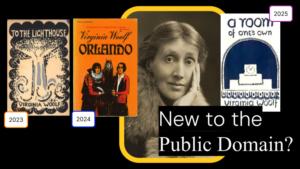 Alt: Three book covers by Virginia Woolf with text bubbles: 1) To The Lighthouse (2023); 2) Orlando (2024); 3) A Room of One’s Own (2025) framing a black-and-whitee photo of the author. Virginia Woolf is a middle-aged white woman with hair in a low parted bun, wearing a large fur collar and leaning her head on her hand. Overlay text reads “New to the Public Domain?”