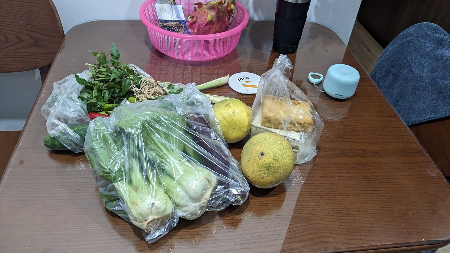 produce on a table in bags