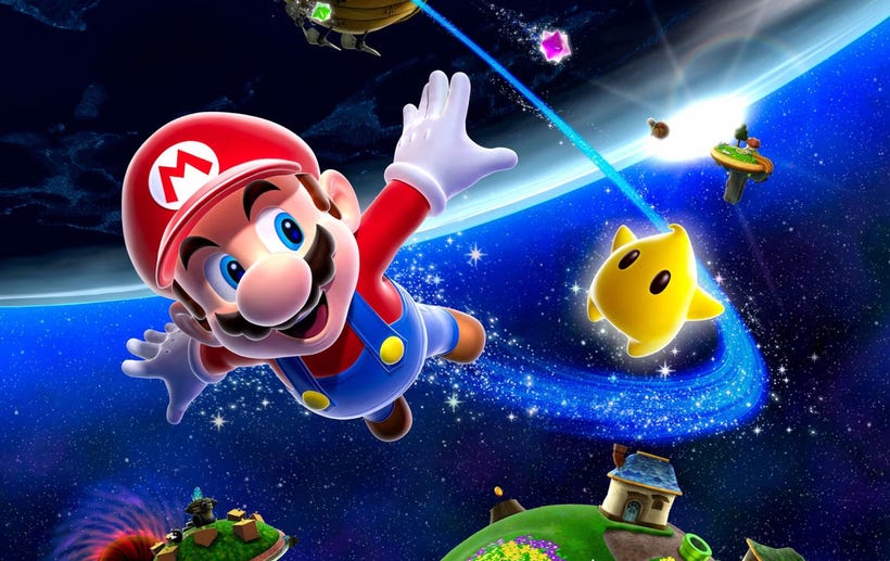 Mario flies through space and looks at a cute star