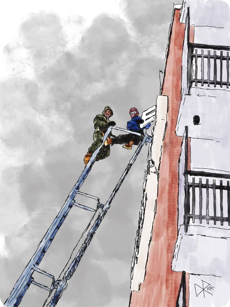 Grounded perspective angle, looking up at two workers on an industrial ladder as they are removing letters from a sign on the wall of a building. Both are bundled in full winter overalls. Sketch art by Don Rice.