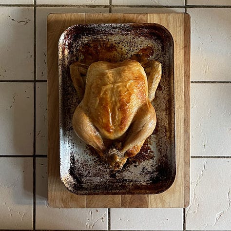 Stuffing ingredients and chicken roasted