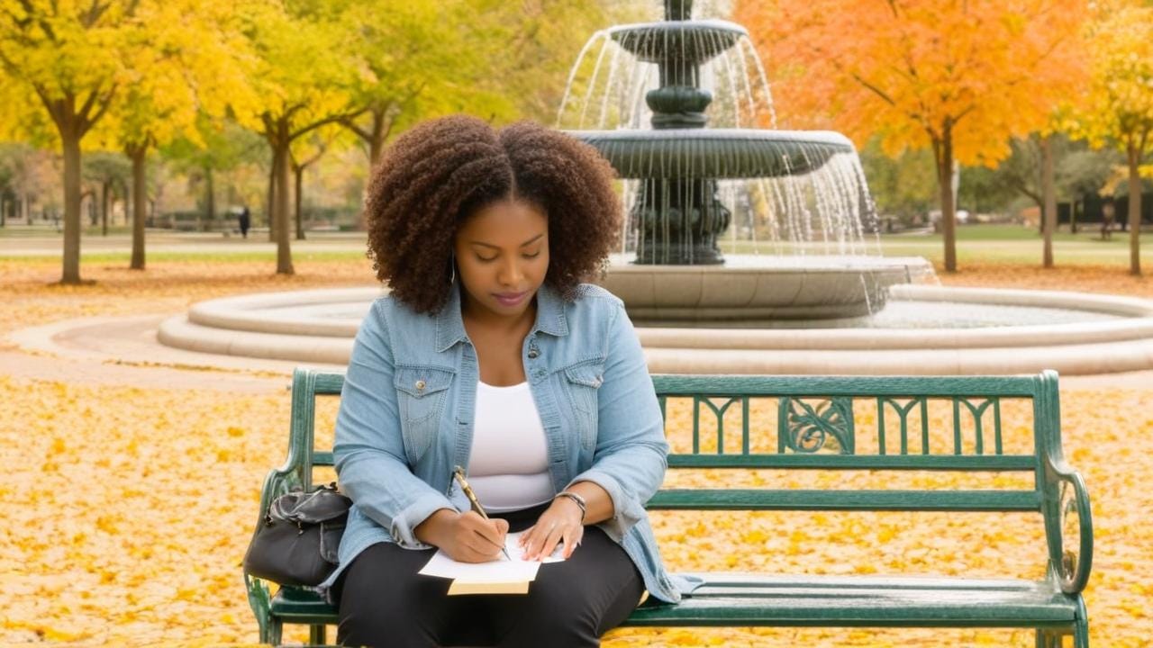African American woman sitting in the park on the bench in front of fountain in the fall writing a letter.