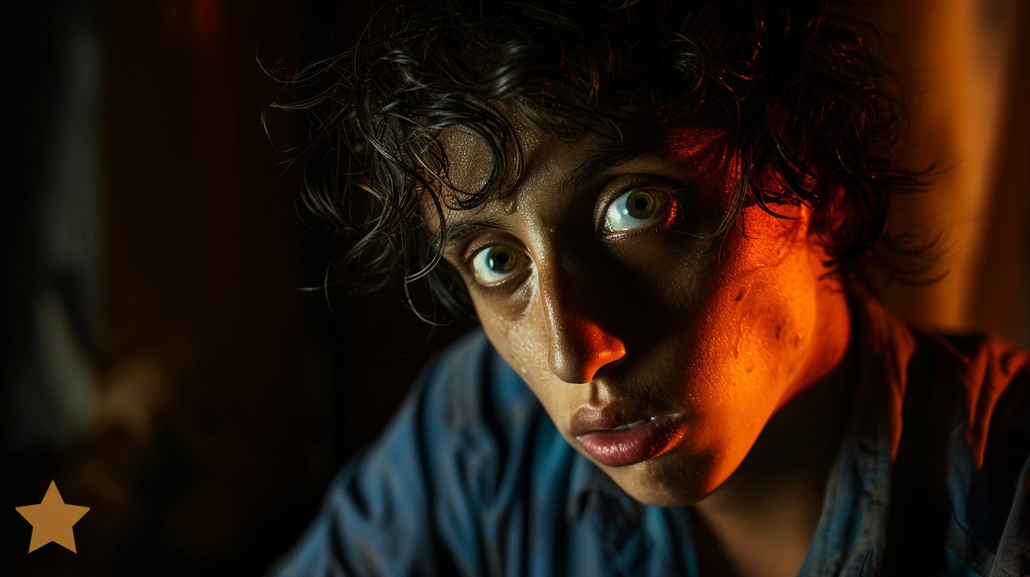 Image prompt: a highly detailed, dramatic photo of a person smiling while he's considering his options::2 The image should focus on the subject’s gesture of counting using his fingers, using a shallow depth of field to blur the background. The lighting should be low-key, with a single light source creating strong shadows and highlights to enhance the dramatic effect. The overall image should have a high contrast black and white look, simulating the texture and grain of Ilford HP5 Plus film. Add a moderate to heavy grain effect to emphasize the gritty and intense mood of the scene. Photo taken with Hasselblad X1D, colors of burnt orange and air superiority blue --cref https://s.mj.run/XL-8PGC9MR4 --cw 100 --style raw --no airplanes cameras --ar 16:9 --v 6.0 