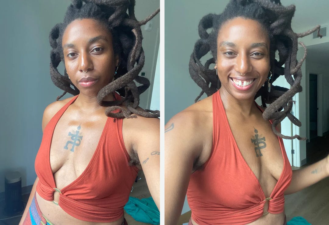 n3vlynnn, a beautiful black woman with long curly freeform locs. She is wearing a low cut burnt orange top, gazing towards the camera on the left photo, and smiling at the camera on the right photo.