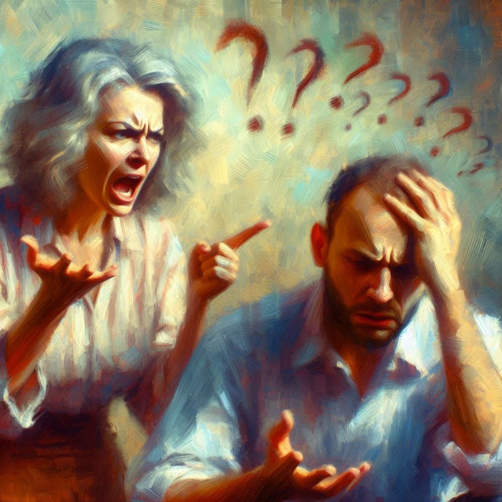 An angry woman berates a confused man. Slight impressionist style.