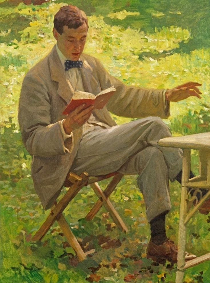 This may contain: a painting of a man sitting in a chair reading a book while wearing a bow tie