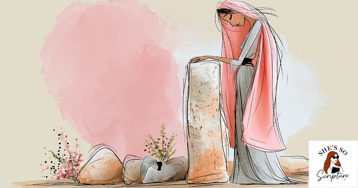 Illustrated woman in a soft veil standing beside a roadside grave, blush pink watercolor style, representing Rachel weeping for her children.
