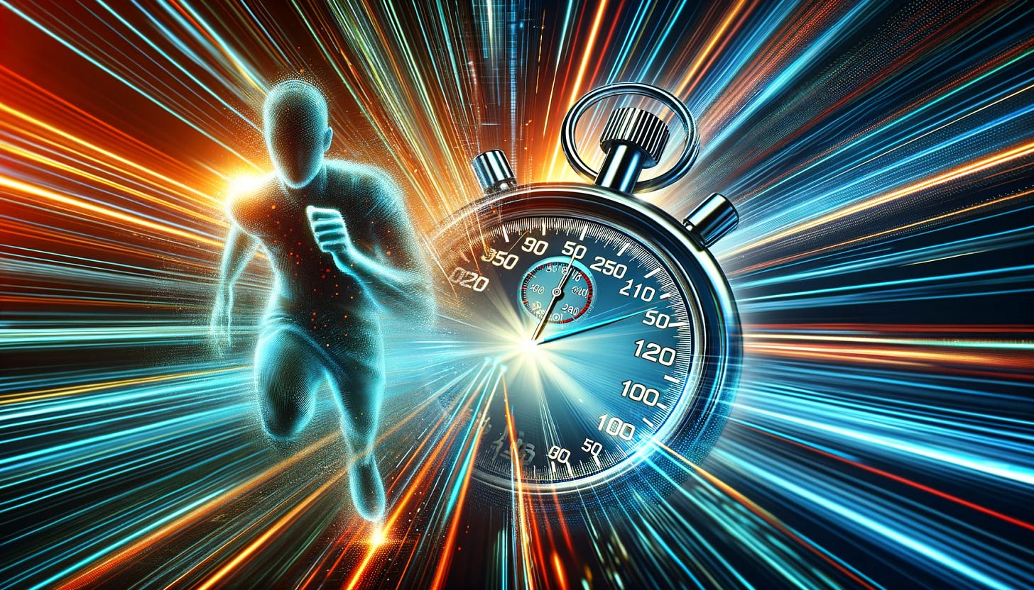 A dynamic image depicting a digital stopwatch with milliseconds ticking down, superimposed over a blurred background of a person sprinting forward. The person's motion blur conveys a sense of urgency and speed, emphasizing the concept that speed in decision-making and execution is crucial for success. The stopwatch serves as a visual metaphor for the constant race against time in the competitive tech landscape. The composition is vibrant, capturing the intensity and immediacy of racing against time in a technological context.