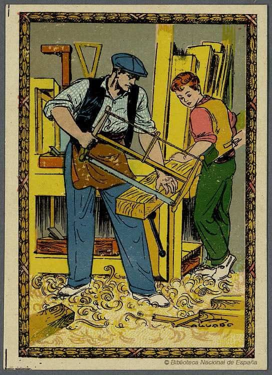 This may contain: an image of a man working on a piece of wood with another man looking at it