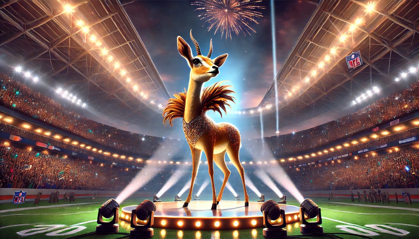 A surreal and whimsical illustration of an antelope performing at an NFL halftime show. The antelope is standing on a brightly lit stage in a large football stadium, wearing a dazzling outfit with sequins and feathers. Spotlights shine down, and a crowd of cheering fans fills the background. The setting is vibrant and festive, with fireworks in the sky and a dynamic atmosphere reminiscent of a major halftime performance.
