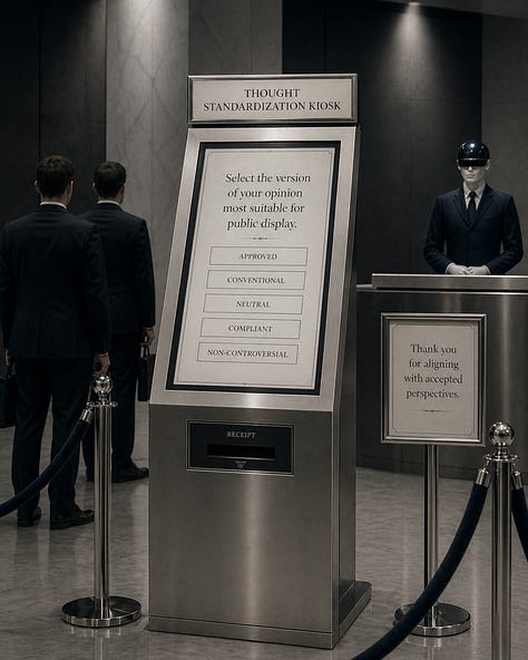 A nine-image satirical visual essay showing sleek, dark corporate and institutional interiors where signs instruct people to standardize their thoughts, revise themselves before speaking, submit unformatted thoughts, filter their tone, pre-approve authenticity, and keep grief within acceptable dimensions. The images use polished counters, velvet ropes, kiosks, chapel-like rooms, waiting areas, and bureaucratic signage to portray emotional and creative expression being managed, reviewed, and controlled.