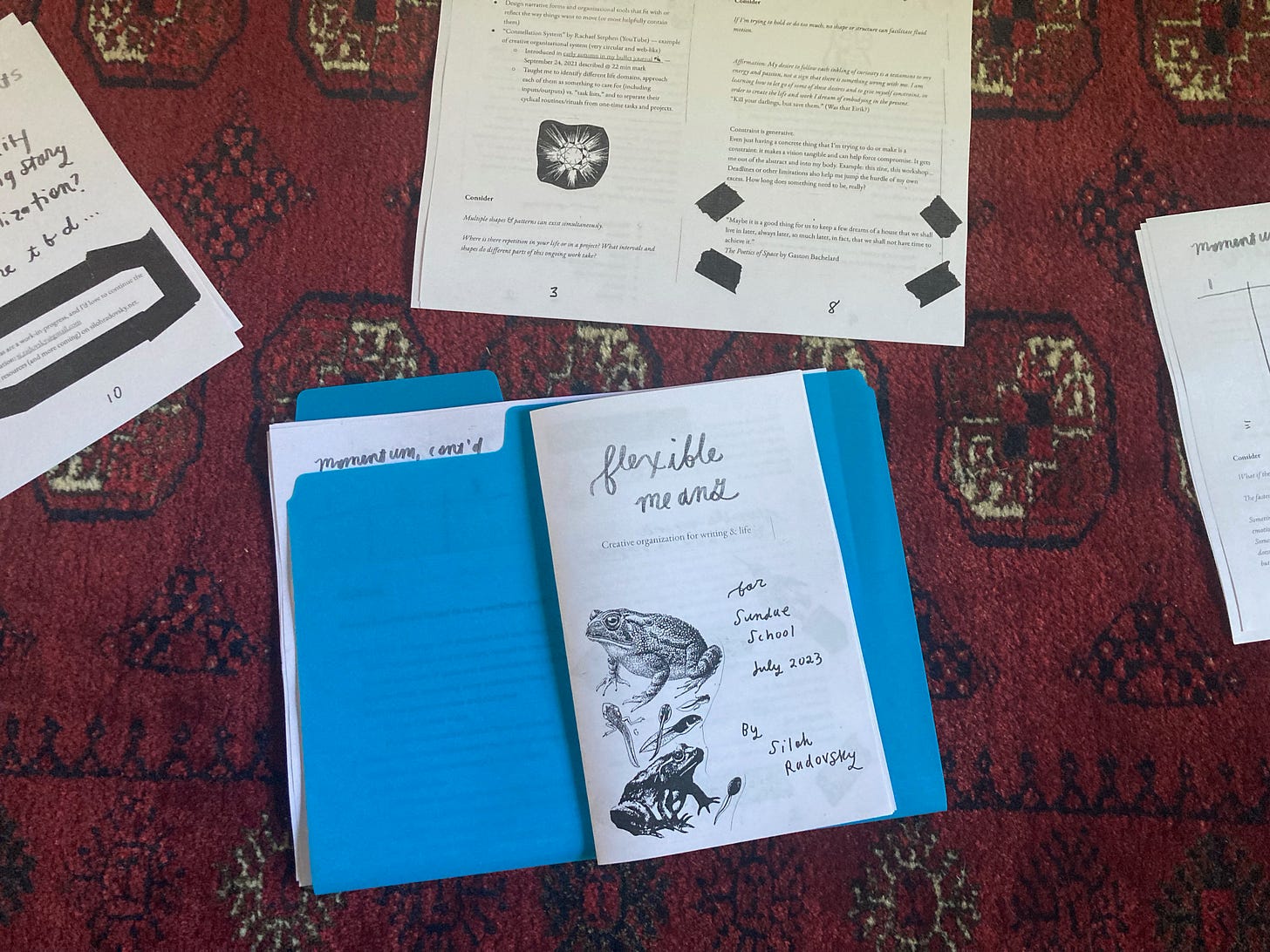 A zine being assembled on a red carpet. The title is "Flexible Means," my workshop at Sundae School. There's a picture of a frog on the cover. A zine being assembled on a red carpet. The title is "Flexible Means," my workshop at Sundae School. There's a picture of a frog on the cover.