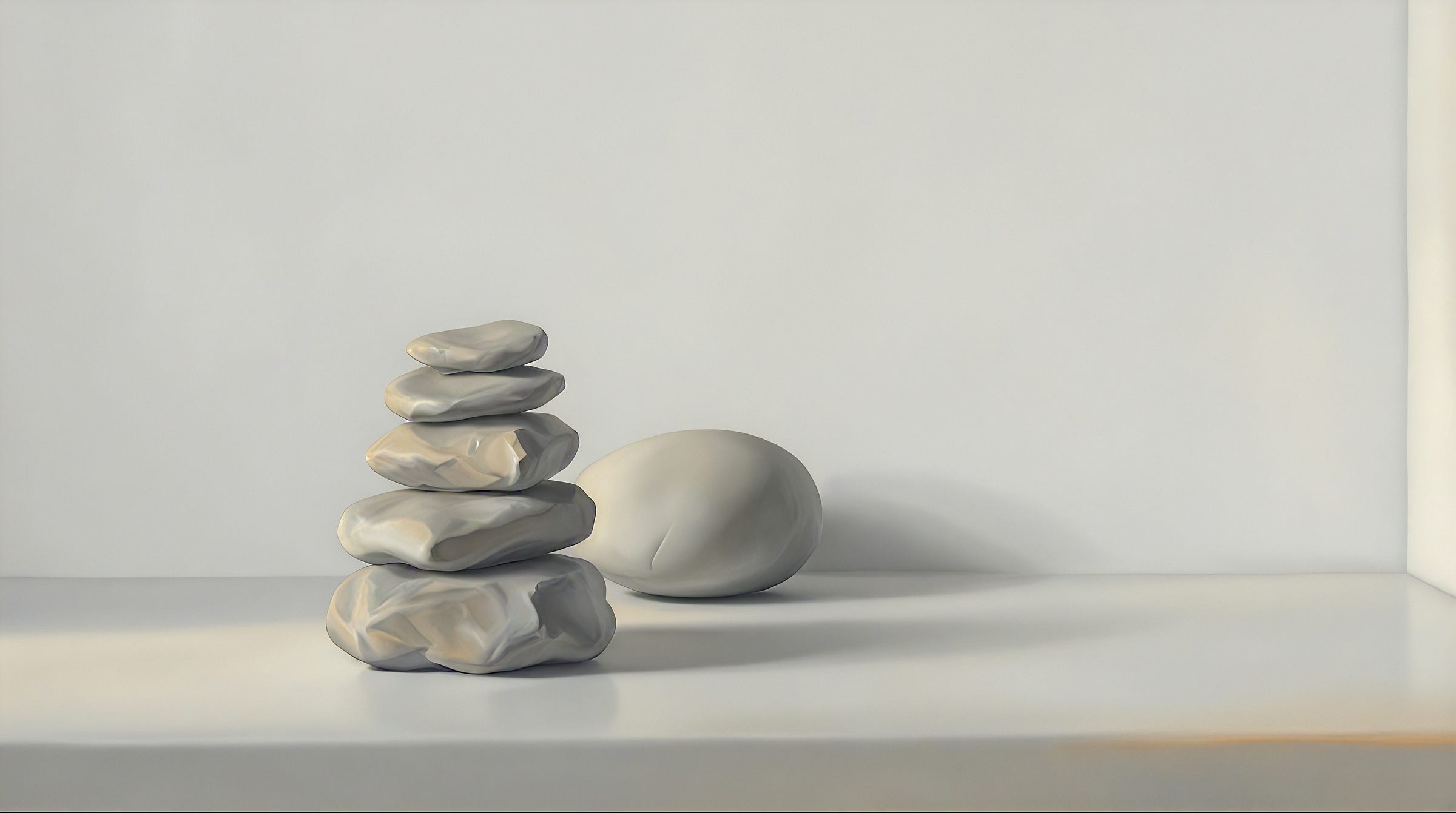On a white surface, a small stack of smooth grey stones balanced into a cairn, beside a single smooth pale egg.