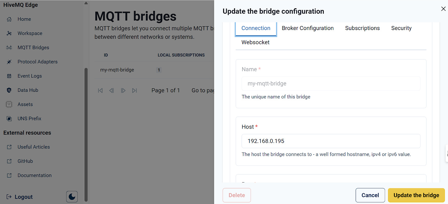 Bridging the HiveMQ edge “UNS” to HiveMQ enterprise broker