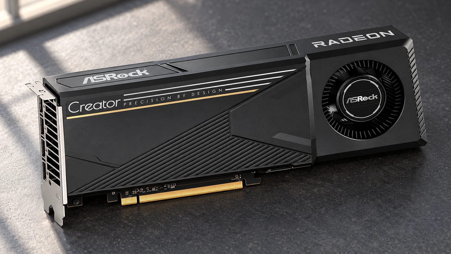 ASRock Radeon AI PRO R9700 Creator 32GB on a workbench, a 32GB option for larger quantized local LLMs.