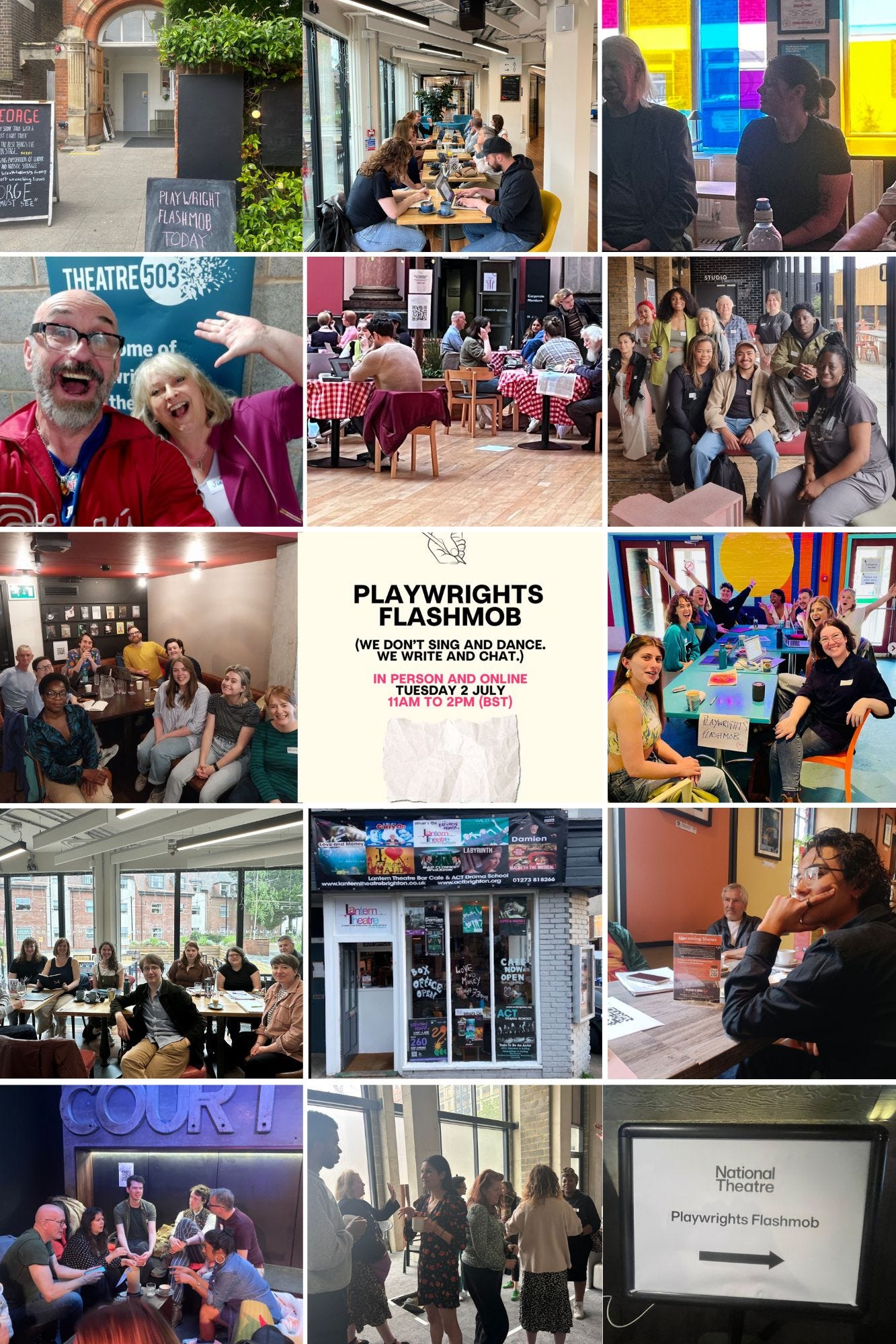 Playwrights chatting, working, and flashmob signage in a collage
