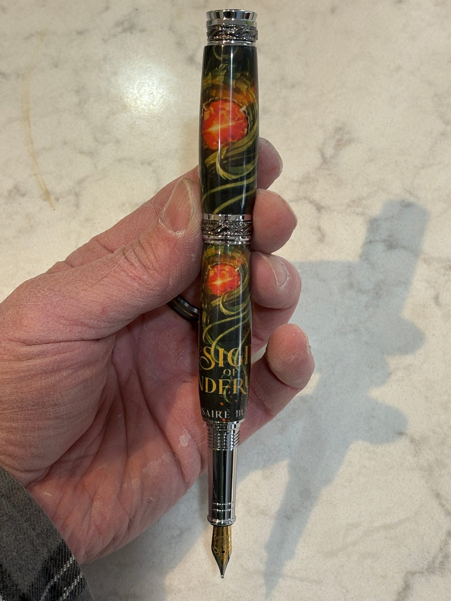 A fountain pen created by the author with art from his book, Sigil of Enderune.
